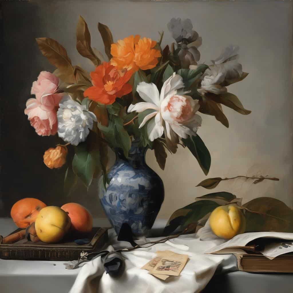 Λουλούδια σε βάζο, σύγχρονη τέχνη και διακόσμηση, με φρούτα και βιβλία, ενίσχυση της παράδοσης στην τέχνη.