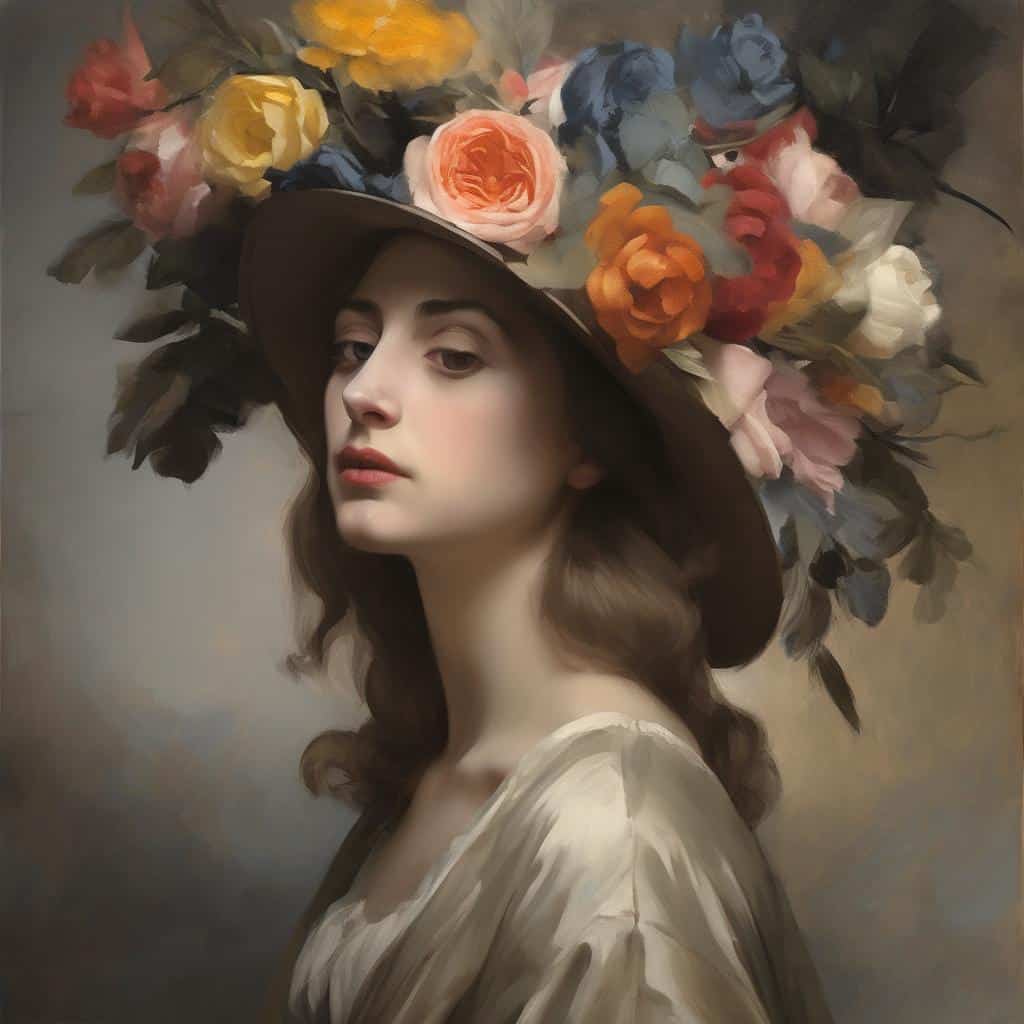 Κοπέλα με μεγάλο καπέλο γεμάτο πολύχρωμα λουλούδια, σε καλλιτεχνικό πορτρέτο.