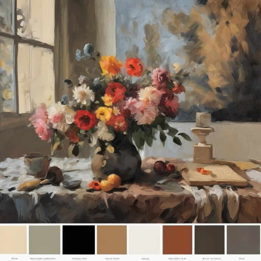 Λουλούδια σε ανθοδοχείο με παραδοσιακή τέχνη και σύγχρονη ερμηνεία σε πίνακα ζωγραφικής.