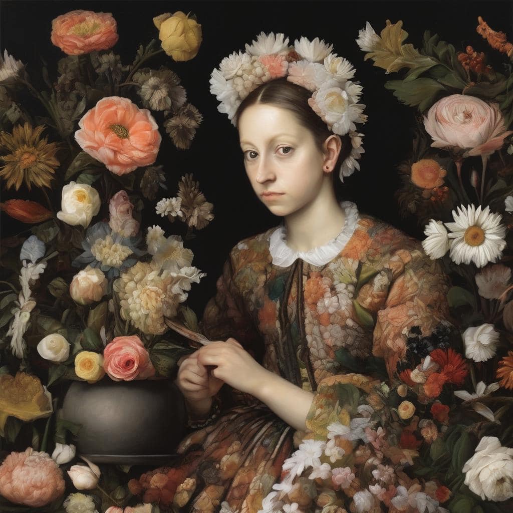 Λευκή νέα γυναίκα με λουλουδάτη στεφάνη και φόρεμα με floral print ανάμεσα σε λουλούδια, σύγχρονη τέχνη εμπνευσμένη από παράδοση.