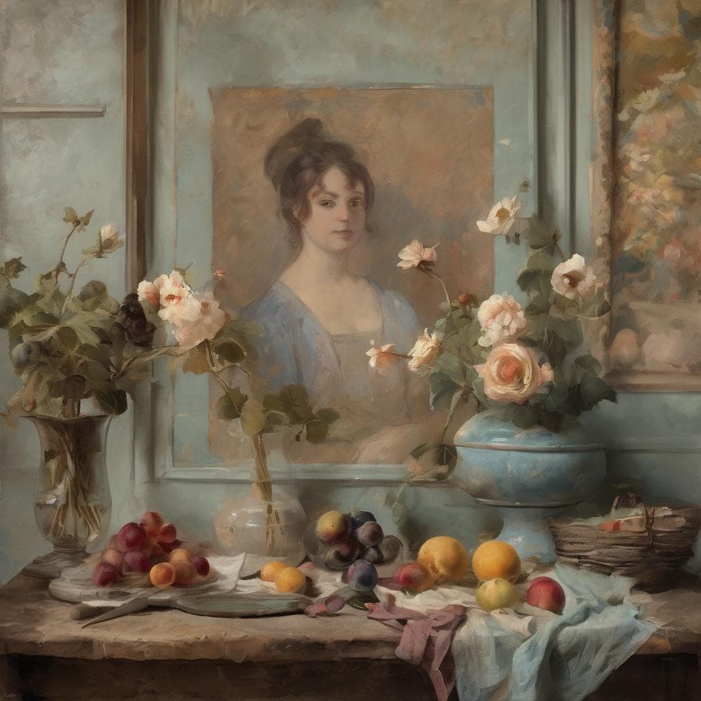 Παράδοση στη σύγχρονη τέχνη, ρεαλιστικό πίνακα σε γυναικεία πορτρέτο και still life με φρούτα και λουλούδια.
