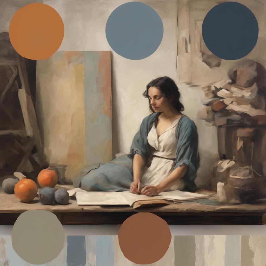 Παραδοσιακή τέχνη και σύγχρονη δημιουργία σε πινάκα με γυναίκα και έργα τέχνης.